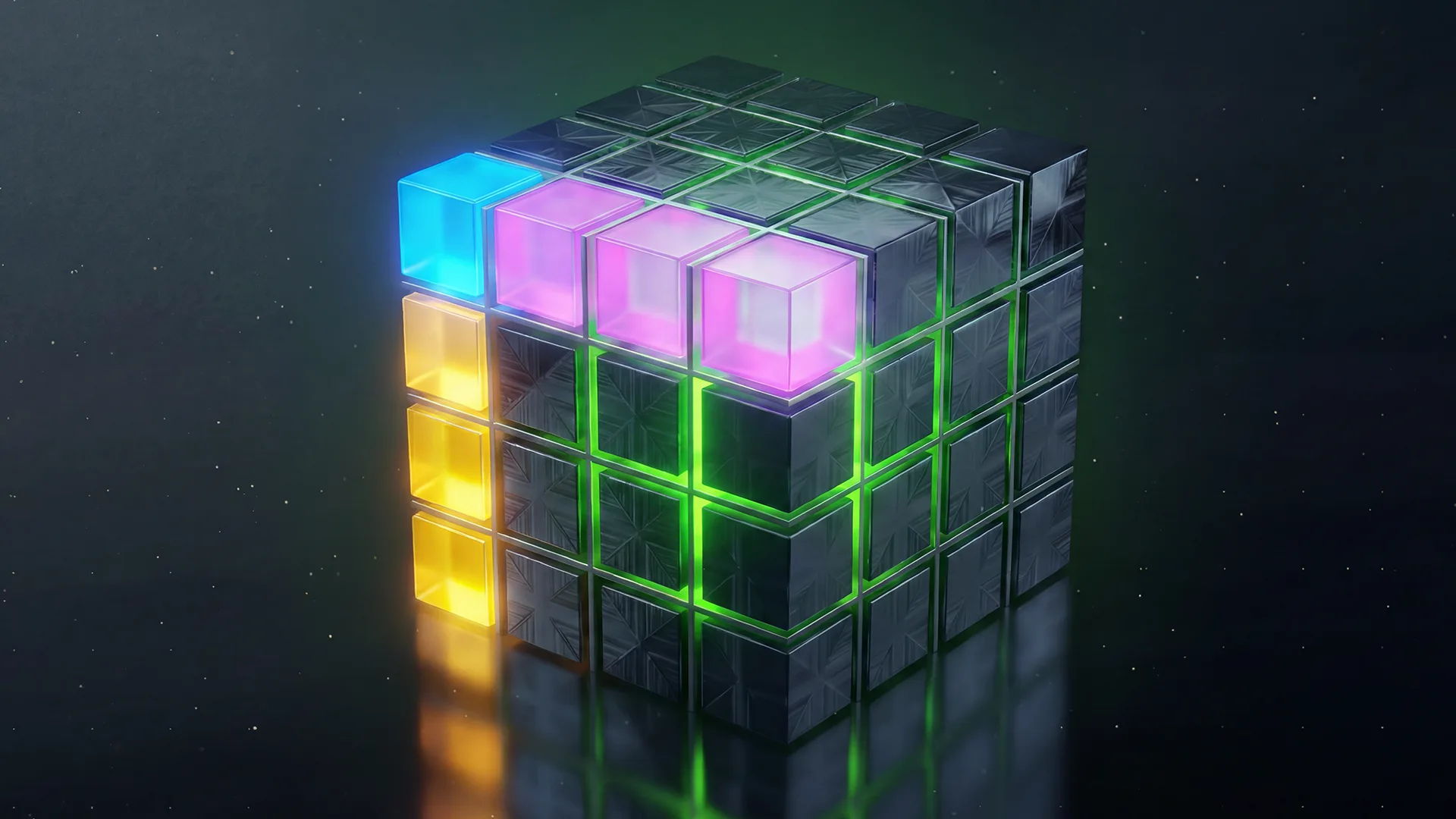 A cube assembled from smaller dark blocks, with glowing cyan, pink, yellow, and green sections against a black background.
