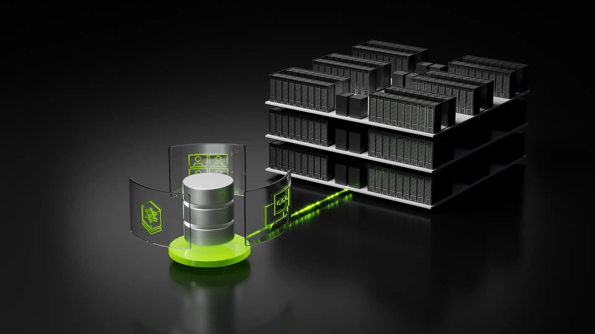 Illustration of a data storage system connected by a glowing green path to rows of servers.