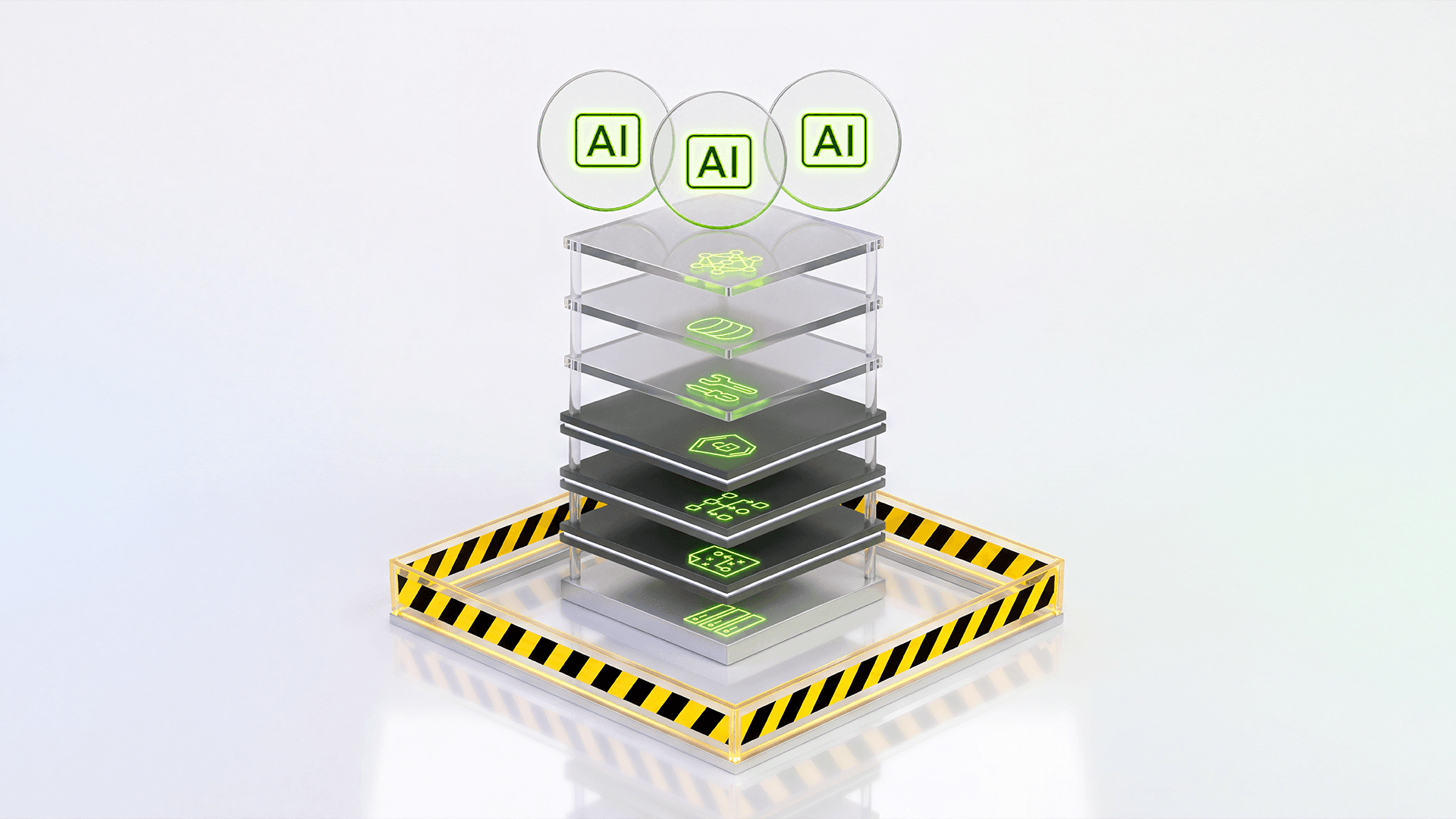Three AI agents above a layered runtime stack with glowing green control icons, enclosed by a black-and-yellow safety barrier.